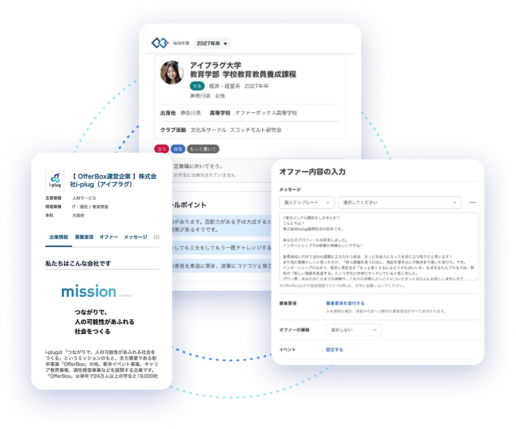 OfferBoxの学生プロフィール・企業情報・オファー画面